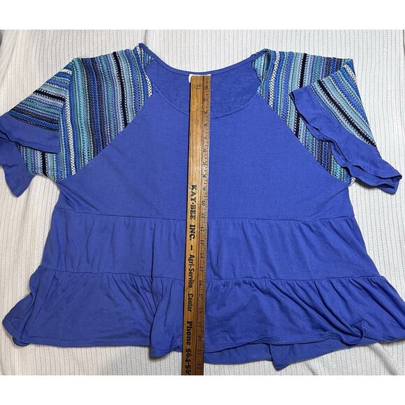 Umgee L Blue Flowy Peplum Striped Crochet Sleeve GUC Boho - Picture 7 of 9